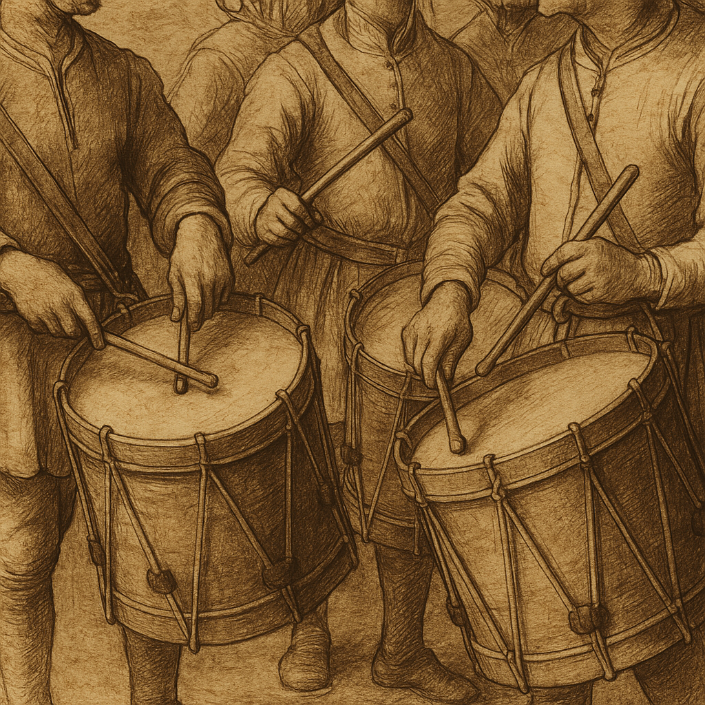 Sepia illustration of early military drummers playing rope-tension field drums, symbolising the origins of rudimental drumming.
